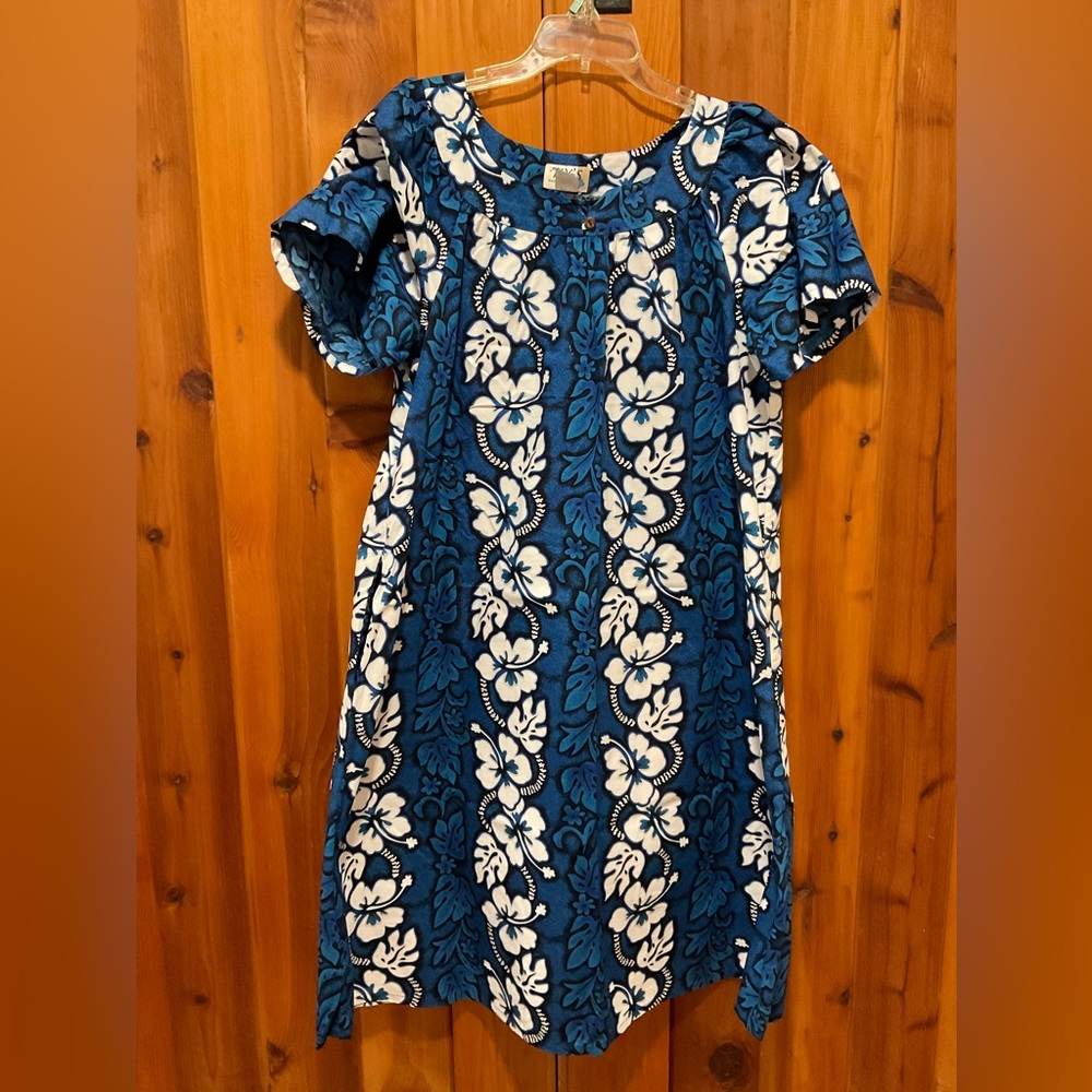 XL Womens Hawaiian MuuMuu KYs muu muu dress 100% cotton blue hibiscus vtg